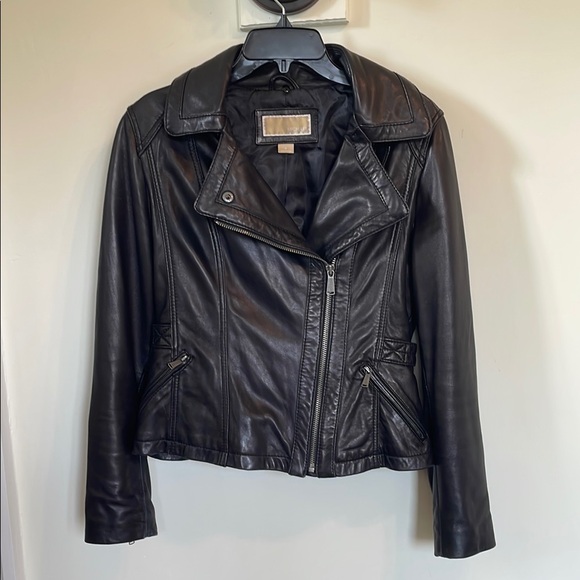 Michael Kors Black Leather Moto Jacket Zip Pockets Belted Waist Women’s Size M - Picture 1 of 16